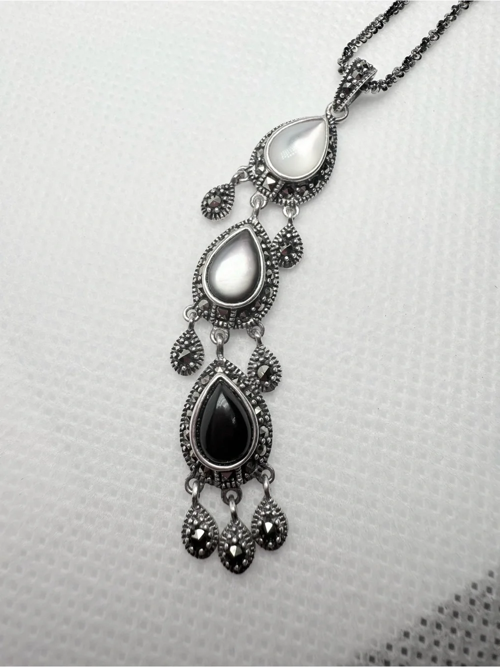 Vintage Italian Art Deco Marcasite Onyx Mother of Pearl Chandelier Drop Necklace